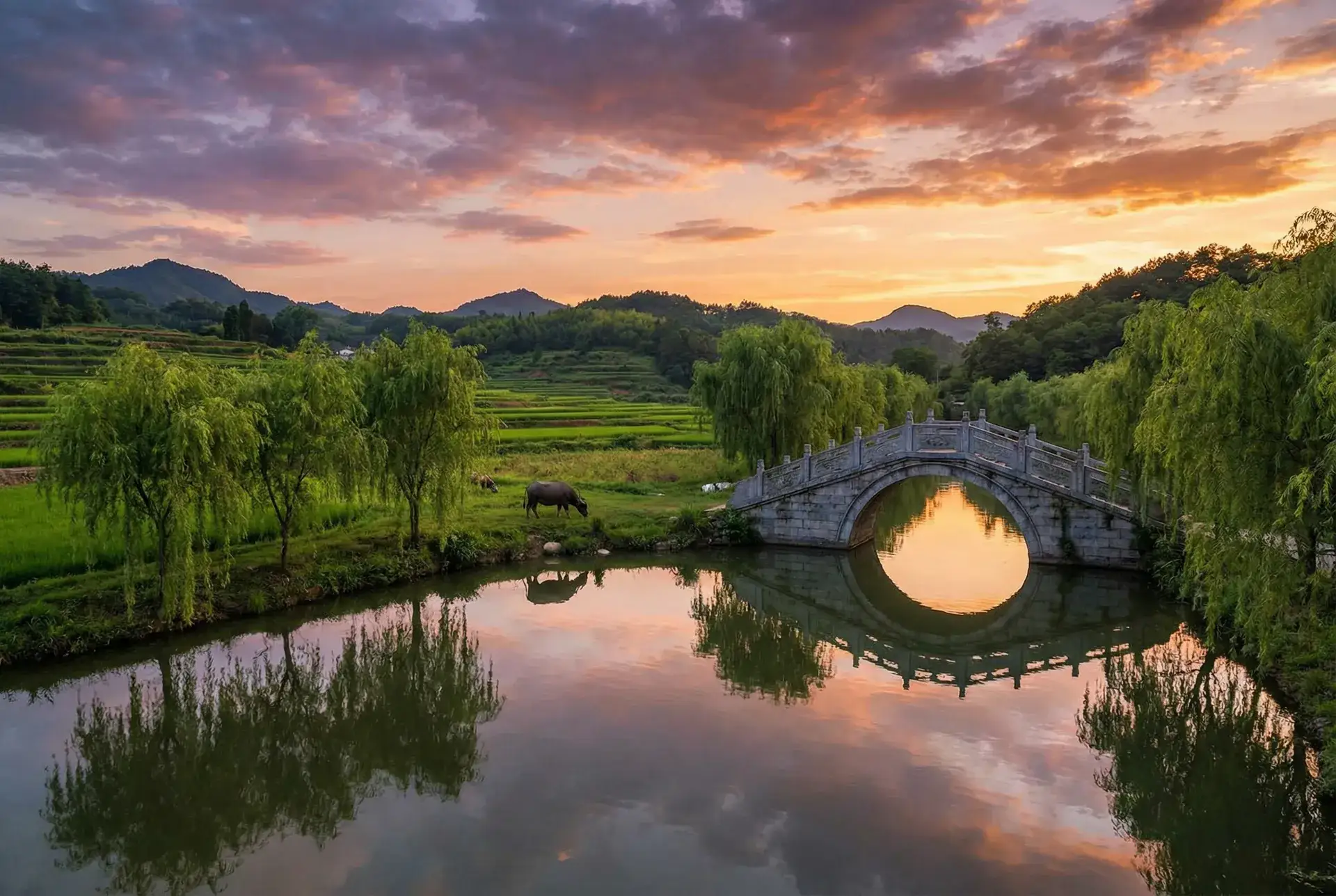 夕阳下的石拱桥与垂柳，水牛在河边吃草 - 野花香在线观看播放 乡村美景